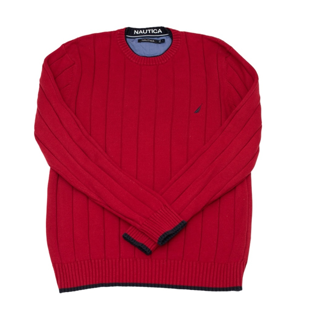 Nautica Men's Red Knit Ribbed Sweater With Blue Trim Size L